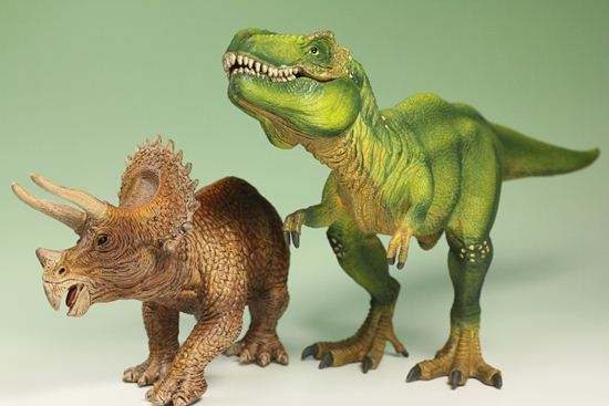 ティラノサウルスとトリケラトプス恐竜フィギュア2体セット（本物化石1